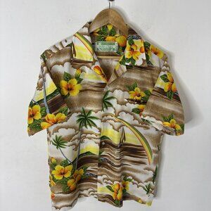 VTG 70s Waltah Clarke’s Hawaiian Shirt M Rainbow Sailboat Aloha Tiki Print
